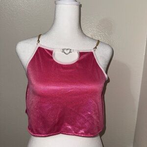 Pink Sparkle Halter Crop Top with Heart Chain Detail